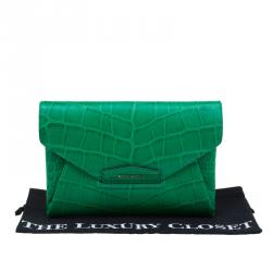 Pre Owned Givenchy Green Croc Embossed Leather Medium Antigona Envelope Clutch
