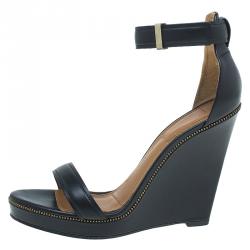 Givenchy Black Leather Zipper Trim Platform Ankle Strap Wedge