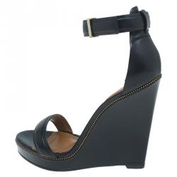 Givenchy Black Leather Zipper Trim Platform Ankle Strap Wedge Sandals Size 37
