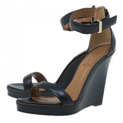 Givenchy Black Leather Zipper Trim Platform Ankle Strap Wedge Sandals Size 37