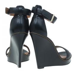 Givenchy Black Leather Zipper Trim Platform Ankle Strap Wedge Sandals Size 37