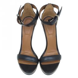 Givenchy Black Leather Zipper Trim Platform Ankle Strap Wedge Sandals Size 37