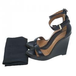 Givenchy Black Leather Zipper Trim Platform Ankle Strap Wedge Sandals Size 37