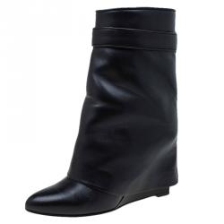 Givenchy Black Leather Shark Lock Wedge Ankle Boots Size 37