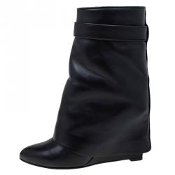 Givenchy Black Leather Shark Lock Wedge Ankle Boots Size 37