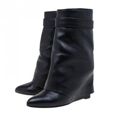 Givenchy Black Leather Shark Lock Wedge Ankle Boots Size 37
