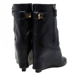 Givenchy Black Leather Shark Lock Wedge Ankle Boots Size 37
