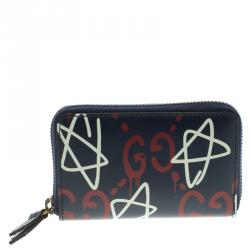Gucci Black Ghost Print Leather Zip Around Card Case