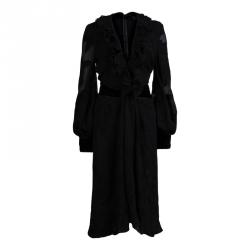 Pre Owned فستان غوتشي شيفون جاكار أسود بكشكشة مزينة أكمام طويلة M