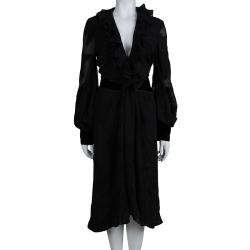 Pre Owned فستان غوتشي شيفون جاكار أسود بكشكشة مزينة أكمام طويلة M