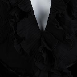 Pre Owned فستان غوتشي شيفون جاكار أسود بكشكشة مزينة أكمام طويلة M