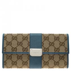 Gucci Beige Guccissima Canvas and Blue Trim Continental Wallet