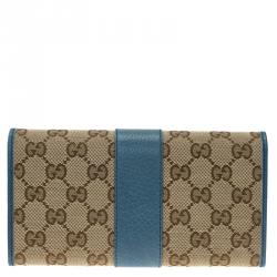 Gucci Beige Guccissima Canvas and Blue Trim Continental Wallet