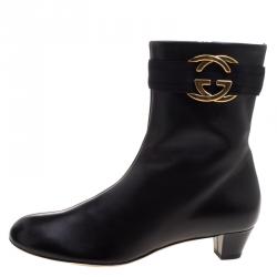 Pre Owned Gucci Black Leather Interlocking GG Ankle Boots Size 38