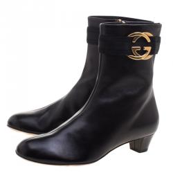 Pre Owned Gucci Black Leather Interlocking GG Ankle Boots Size 38