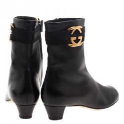 Pre Owned Gucci Black Leather Interlocking GG Ankle Boots Size 38