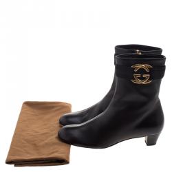Pre Owned Gucci Black Leather Interlocking GG Ankle Boots Size 38