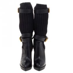 Pre Owned Gucci Black Leather and Knitted Wool Lifford Platform Boots Size 37.5