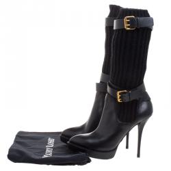 Pre Owned Gucci Black Leather and Knitted Wool Lifford Platform Boots Size 37.5
