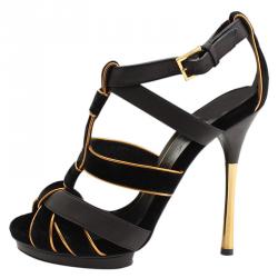 Pre Owned Gucci Black Velvet and Leather Malika Strappy Sandals Size 36.5