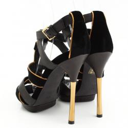 Pre Owned Gucci Black Velvet and Leather Malika Strappy Sandals Size 36.5