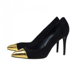 Pre Owned حذاء كعب عالي غوتشي سويدي أسود مقدمة ذهبية مدببة مقاس 40