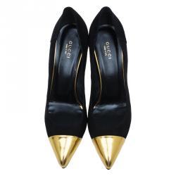 Pre Owned حذاء كعب عالي غوتشي سويدي أسود مقدمة ذهبية مدببة مقاس 40