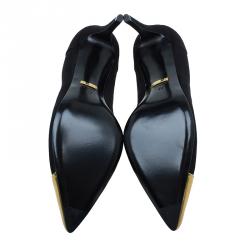 Pre Owned حذاء كعب عالي غوتشي سويدي أسود مقدمة ذهبية مدببة مقاس 40