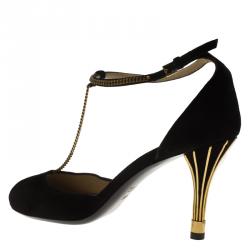 مملوكة مسبقًا Gucci Black Suede Ophelie Chain Detail Ankle Strap Sandals Size 38.5