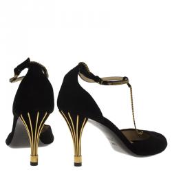 مملوكة مسبقًا Gucci Black Suede Ophelie Chain Detail Ankle Strap Sandals Size 38.5