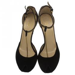 مملوكة مسبقًا Gucci Black Suede Ophelie Chain Detail Ankle Strap Sandals Size 38.5