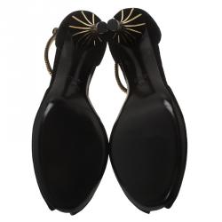 مملوكة مسبقًا Gucci Black Suede Ophelie Chain Detail Ankle Strap Sandals Size 38.5