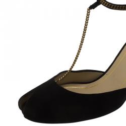 مملوكة مسبقًا Gucci Black Suede Ophelie Chain Detail Ankle Strap Sandals Size 38.5