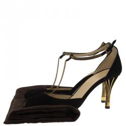 مملوكة مسبقًا Gucci Black Suede Ophelie Chain Detail Ankle Strap Sandals Size 38.5