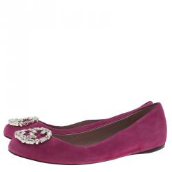 Pre Owned Gucci Pink Suede GG Crystal Ballet Flats Size 36.5