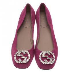 Pre Owned Gucci Pink Suede GG Crystal Ballet Flats Size 36.5