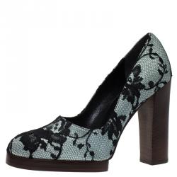 Pre Owned Gucci Grey and Black Lace Satin Blend Platform Pumps Size 37