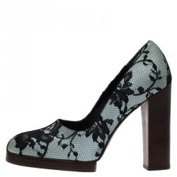 Pre Owned Gucci Grey and Black Lace Satin Blend Platform Pumps Size 37