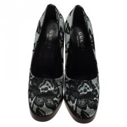 Pre Owned Gucci Grey and Black Lace Satin Blend Platform Pumps Size 37