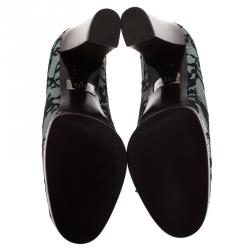 Pre Owned Gucci Grey and Black Lace Satin Blend Platform Pumps Size 37