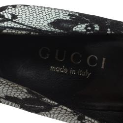 Pre Owned Gucci Grey and Black Lace Satin Blend Platform Pumps Size 37