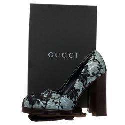 Pre Owned Gucci Grey and Black Lace Satin Blend Platform Pumps Size 37