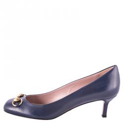 Pre Owned Gucci Blue Leather Jolene Horsebit Pumps Size 38.5