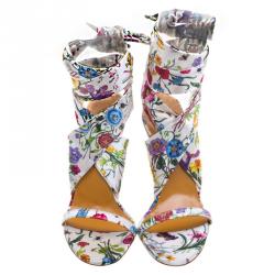 Pre Owned صندل بحزام للكاحل غوتشي ساتان طبعة الورود كعب روكي مقاس 38.5