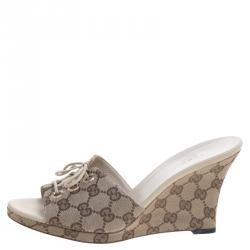 مملوكة مسبقًا Gucci Beige GG Canvas Open Toe Wedge Heel Slides Size 39