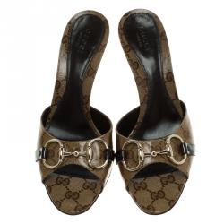 Pre Owned Gucci Beige GG Crystal Coated Canvas Horsebit Slides Size 37