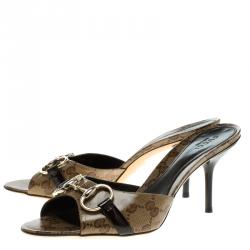 Pre Owned Gucci Beige GG Crystal Coated Canvas Horsebit Slides Size 37