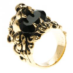 Pre Owned Gucci Black Crystal Lion Head Gold Tone Ring Size 56