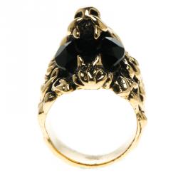Pre Owned Gucci Black Crystal Lion Head Gold Tone Ring Size 56