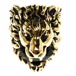 Pre Owned Gucci Black Crystal Lion Head Gold Tone Ring Size 56
